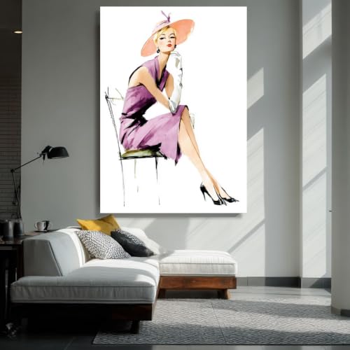 Toile femme en robe violette YUSUZHU de 80x110 cm avec cadre intérieur pour décoration murale