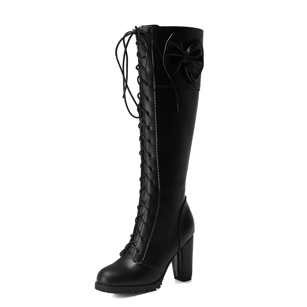 MRKEWUNEY Womens Cute Lolita Knee High Boots Lace Up Chunky High Heel Boots with Bow