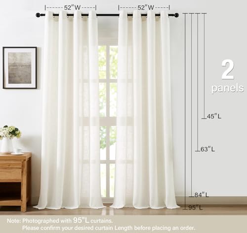 Image of Treatmentex Flax Blend Linen Semi Sheer Curtains for Bedroom 52 x 63 White Light Filtering Privacy Curtain Draprs for Office Sun Room Grommet Top 2pcs