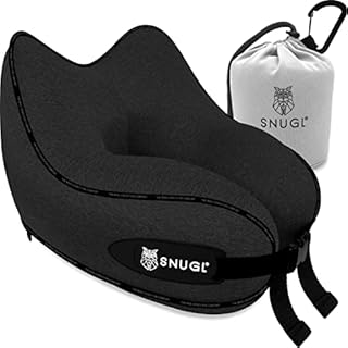 SNUGL Travel Pillow - Premium Memory Foam Neck Rest Cushion - Head, Neck & Chin Support for Airplane, Train or Car - Carry Bag with Clip Included - Flight and Travel Essentials (Jet Black - Regular)