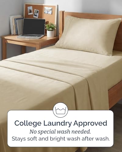 Image of Twin XL 4 Piece Sheet Set - College Dorm Room Essentials - Beige | Ultra Soft Dorm Bedding Set, 8 inch to 16 inch Inch Deep Pockets, 1 Flat & 1 Fitted Sheet & 2 Pillowcases, Wrinkle & Fade Free