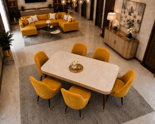 Image of WOODEN SPACE 6-Seater Wooden Dining Table Set | Nano Composite Marble Top | Solid Wood Base | Modern Dining Room Furniture with 6 Chairs (Yellow Grand Aura)