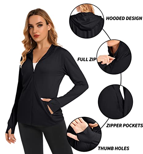 Tacvasen Women's Upf 50+ Shirts Jacket Long Sleeve Hoodies Sun Protection Shirts With Hoodie Athletic, Black, S #TOP3