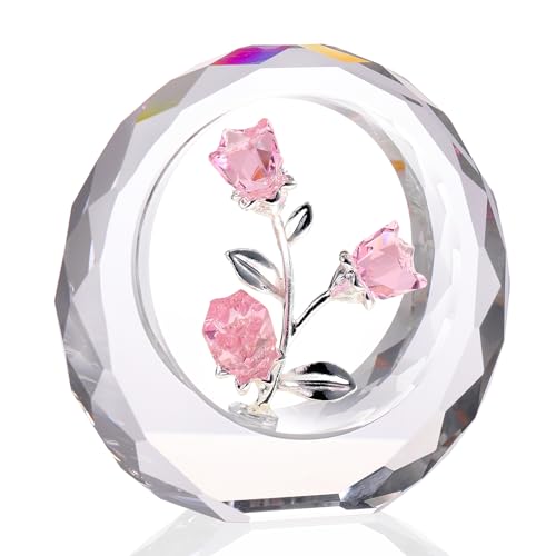 Crystal Pink Rose Bouquet Figurines Glass Flowers with Stems Valentines Anniversary Rose Gifts for Girlfriend Wife, Pink Crystal Rose in Glass Ring Collectible Figurines Forever Roses Decor