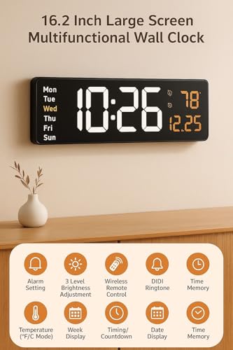Image of Black Digital Wall Clock with Remote Control, 16.2 Inch Large Display, Temperature Display, Alarm Function, Week Display, Most Gifted for Home and Office