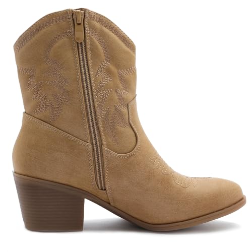 Image of GLOBALWIN Women's Cowgirl Boots Ankle Brown Cowboy Boots With Embroidered Stitching Low Heel Comfortable Western Boots For Country Outfits
