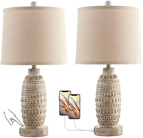 RORIA Set of 2 Rustic Touch Table Lamps for Bedroom, Dual USB Charging Ports with 3-Way Dimmable Nightstand Desk Lamps, Linen Fabric Shade, Lamps for Living Room, Included LED Bulbs