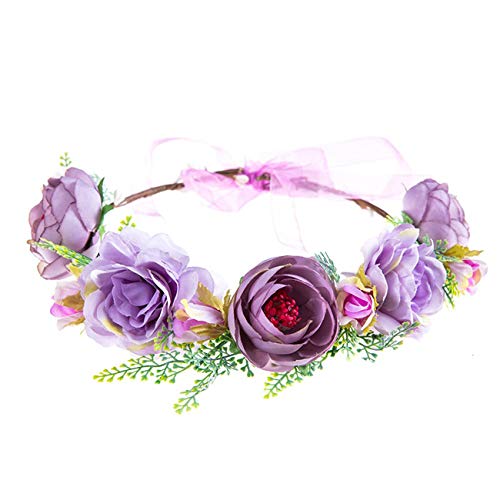 Funsveta Women Rose Flower Headband Floral Crown Garland Halo Wedding Festivals Photo Props (purple)