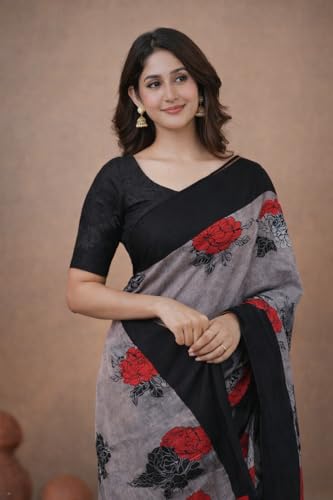 Image of Jack & Jini Women's Floral Print Pure Georgette Saree with Blouse Piece | Soft Casual & Festive Drape | Gift for Mother, Wife.