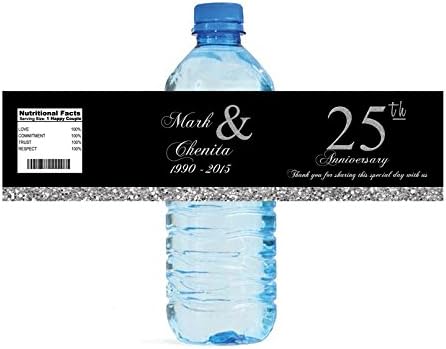 DesignThatSign 100 Silver 25th Anniversary Water Bottle Labels Engagement Party Birthday