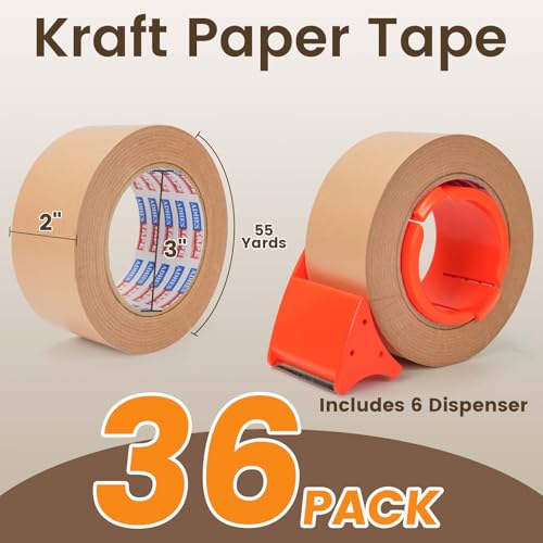 Image of ADHES Coated Kraft Packing Tape with Dispenser, 2 Inch x 55 Yards | Heavy Duty Water Resistant Kraft Paper Tape for Shipping, Moving, Packaging & Carton Sealing, 36 Rolls