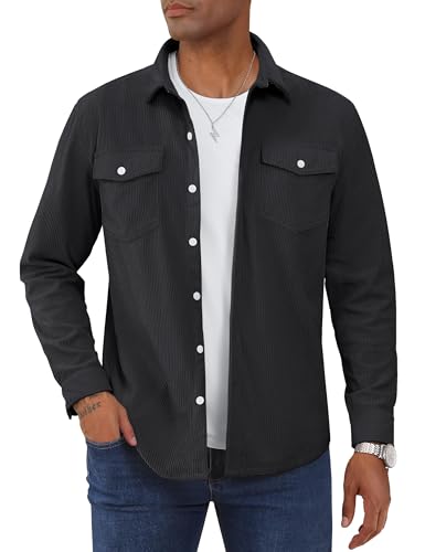 TACVASEN Corduroy Mens Shirt Casual Long Sleeve Shirt for Men Lightweight Shirts Jackets Men's Overshirts with Flap Pockets Black, L