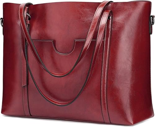 Bolsa feminina de couro genuíno grande para trabalho com zíper, bolsa de mão com vários compartimentos para laptop de 14 polegadas, Vermelho, 14.96 x 4.53 x 11.8 inches, Moderno