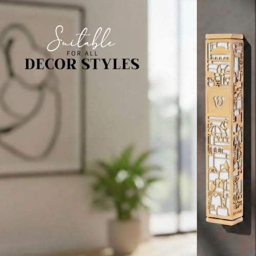Image of SURI Mezuzah for Door with Scroll, 7 Inch Gold and White Mezuzah Case with Non Kosher Scroll Inside, Fits a up to 6 Inch Scroll, Includes Adhesive and Gift Box