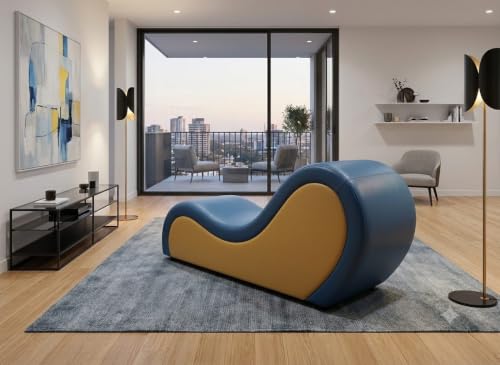 Image of SOUL CRAFT Sheesham Wood Leatherate Tantric Loung Chair, Yoga Chaise Lounge,Chaise Sofa Modern Lounge,Relaxing Chaise Lounge Chair, loveseats with Cushion (Blue and Yellow)