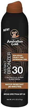 Australian Gold Continuous Spray Sunscreen with Instant Bronzer SPF 30, Immediate Glow & Dries Fast Water Resistant NonGreasy Oxybenzone Free Cruelty Free, Bronzer New, Orange, 6 Oz