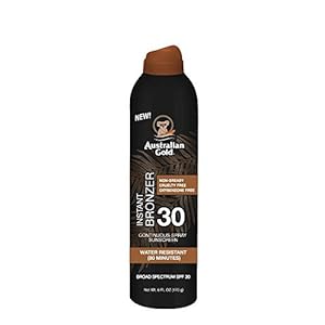 Australian Gold Continuous Spray Sunscreen with Instant Bronzer SPF 30, Immediate Glow & Dries Fast Water Resistant NonGreasy Oxybenzone Free Cruelty Free, Bronzer New, Orange, 6 Oz