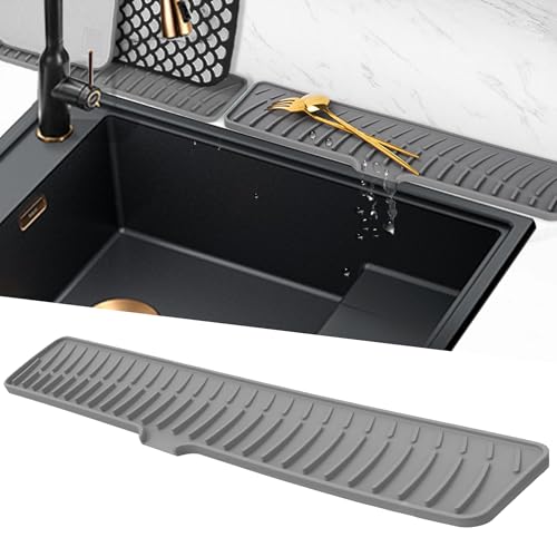 Volminex Silicone Faucet Mat for Sink Narrow Kitchen Sink Splash Guard Faucet Handle Drip Catcher Tray Draining Mat for Sink Protector Tap Drain Mats for Kitchen Bathroom Counter (Grey 60 cm)