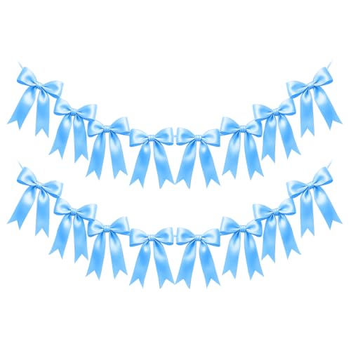 Image of 2 Strings of 16PCS Blue Bow Garlands Banner Decoration,Pre-Strung Satin Ribbon Ornaments for Birthday,Bachelorette Party,Bridal Shower,Wedding,Engagement,Baby Shower,Graduation Decor,Anniversary