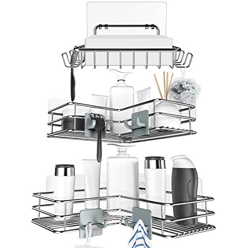 Nieifi Corner Shower Caddy Shelf Basket And Bar Soap Holder With 8 Hooks, Rustproof Sus304 Stainless Steel Soap Dish And Bathroom Shelf,No Drilling 3 Pack Silver #TOP26