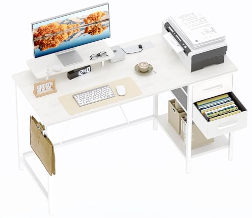 Xyphren Computer Desk with Drawers & Power Outlets, 100 cm Office Desk with Storage Monitor Stand,...
