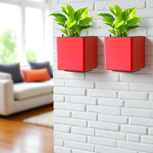 Image of Indian Discovery Self Watering Wall Hanging Planter|Hanging /Hooked Flower Pots for Home, Balcony, Vertical Garden Decor Flower Pots(2 PC, Baby Pink, Square) |6 Inch UV-Resistant Plastic Plant Pots