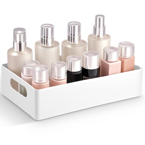 Organizador de armario de baño, organizador de cocina apilable con asa, almacenamiento de maquillaje con divisores ajustables para tocador, organización y almacenamiento en el hogar