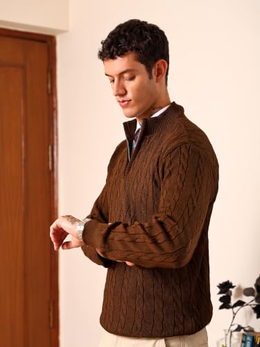 Image of Kvetoo Men's Wool High Neck Zipper Sweater, Full Sleeve Cable Knit Quarter Zip Winter Pullover