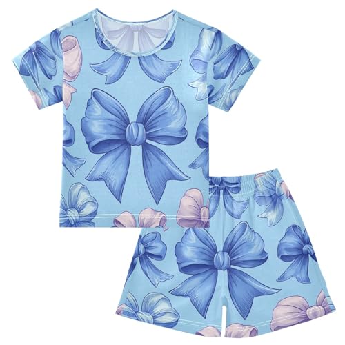 Pajama Sets Short Sleeve Blue and Pink Bows Soft Cotton Summer Sleepwear 2 Piece PJS Size 5-14T
