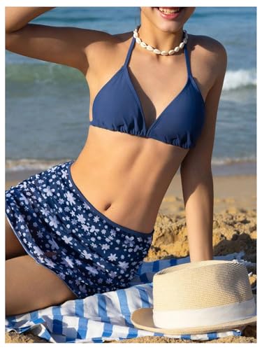 SHENHE Girl's 3 Piece Bikini Set Triangle Halter Swimsuits with Floral Skirt Cover Up Swimwear4