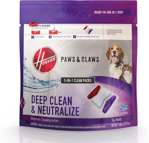 Image of Hoover Paws & Claws Clean Packs, Sea Breeze Scent, Pre-Measured Concentrated Pack Solution, Tackles Tough Pet Messes & Stains, Pair Full Size Carpet Cleaning Machines 14 Count (Pack of 8)