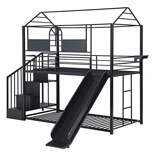 Calabash Twin Over Twin House Bunk Beds With Slide And Storage Stair, Metal Low Bunk Bed With Storage Stairs, Steps Kids Bunk Beds With Guardrails For Girls & Boys (Black) #TOP5