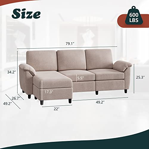 Vongrasig 79" Convertible Sectional Sofa Couch, 3 Seat L Shaped Sofa With Removable Pillows Linen Fabric Small Couch Mid Century For Living Room, Apartment And Office (Khaki) #TOP1
