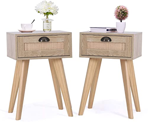 Phi Villa Rattan Nightstands Set Of 2, Mid Century Accent Table With Storage Drawer, Side Table For Small Space, Living Room Bedroom, Boho Night Stands/End Table/Bedside Table #TOP15