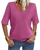 EasyGala Women's V Neck Tops Elbow Length Shirts Loose Fit Summer Tops Basic Tees 2026 (Half Sleeve) A Rose Pink Large