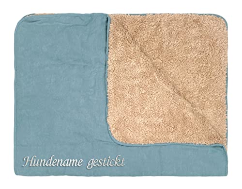 Direkt-Stick.de Hundedecke mit Namen Bestickt, personalisierbare Heimtierdecke für Hunde und Katzen, 4 Farben, weiche Wendedecke, Liegedecke Teddyfell (blau)