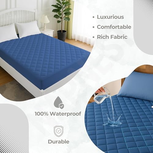 Image of TCD Waterproof Cotton Quilted - Breathable, Hypoallergenic, Noiseless Ultra Soft Fitted Bed Cover with 3 Layers of Protection, 100% Waterproof, No-Slip Design | Blue, Queen (60 * 75)
