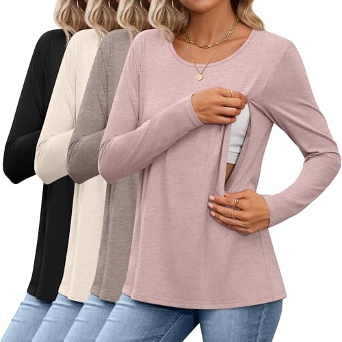 Oakgarden 4 Pack Women's Cotton Nursing Tops Breastfeeding Maternity Hidden Zippers Crew Neck Long Sleeve Pregnancy Shirts(Gray Rose, Taupe, Beige, Black,Medium)