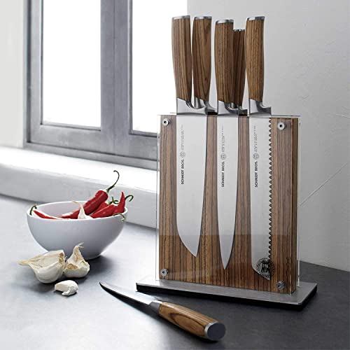 Schmidt Brothers - Zebra Wood, 7-Piece Knife Set, High-Carbon Stainless Steel Cutlery With Zebra Wood And Acrylic Magnetic Knife Block And Knife Sharpener #TOP7