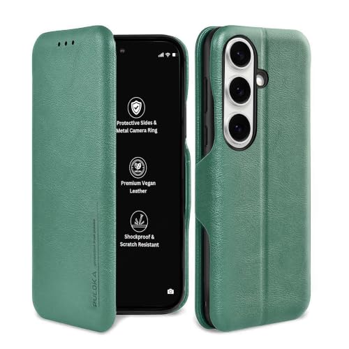 Image of PULOKA for Samsung Galaxy S24 - Sleek Flip Case - Premium Vegan Leather Phone Cover with Card Slot - Slim, Durable, Privacy Protection - Kickstand Function - Elegant Flip Wallet Cases - Green