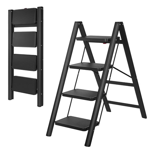 Escabeau 4 Marches Pliable, Marche Pied Pliant avec Pédales Antidérapantes, Échelle pour Maison Cuisine Bureau, Gain de Place, Charge Maximale 150 kg, pour la Maison, Cuisine, Placard et Bureau.