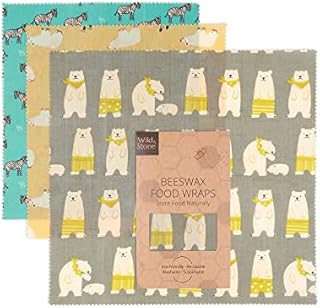 Wild & Stone Organic Beeswax Reusable Food Wraps | Natural Alternative to Plastic wrap | Sustainable & Environmentally Friendly Animal Patterned Set of 3 (Yellow/Grey Bear and Zebra)