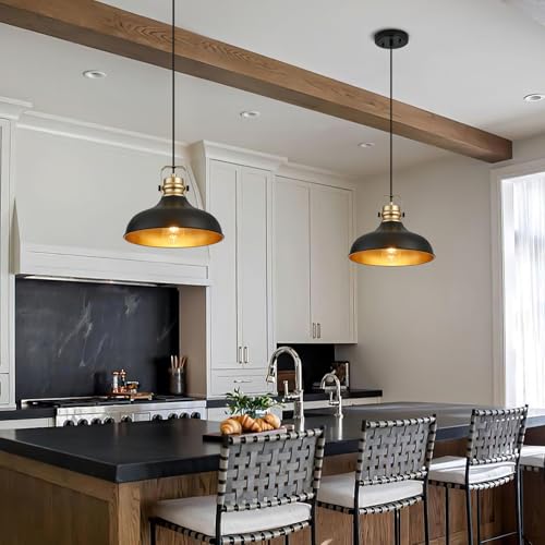 Image of Black and Gold Pendant Lights Kitchen Island Fixtures | ETL Certificate,Industrial Adjustable Height Vintage Dome Hanging Light Fixtures for Barn,Dining Room 2 Pack