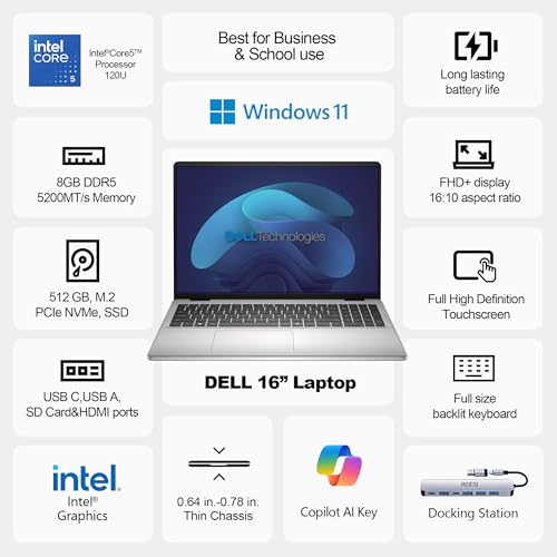 Dell Laptop 16" Core i5 120U 8GB RAM 512GB SSD Pantalla táctil miniatura 2