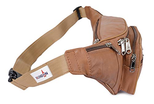 Image of K London Leather Tan Unisex Waist Bag Travel Pouch Passport Holder Fanny Bag | Travel Friendly | Durable Multiple Credit /Debit Card Slots (268 Tan)