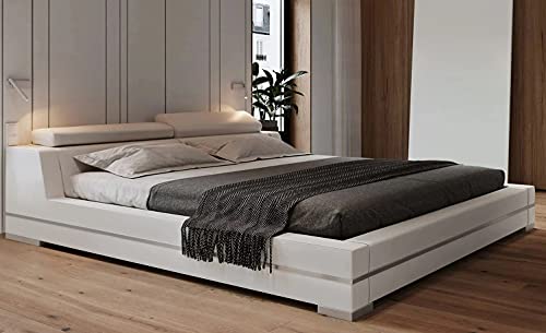 Zuri Hera Genuine White Leather Platform Bed With Adjustable Headrests - Queen #TOP3