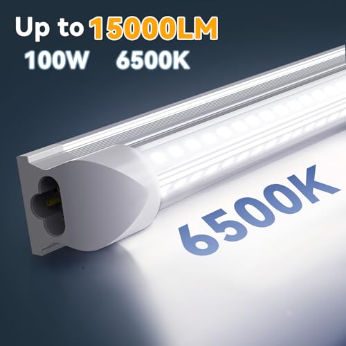 JESLED 8FT LED LED Shop Lights 10-Pack - 100W 15000LM 6500K Cool White - V-Shape Linkable T8 Tubes for Garage & Warehouse - Plug & Play Clear Cover High Output Lighting