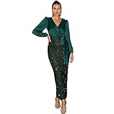 Miss ord Women’s Formal V-Neck Satin Knot Top Prom Dress, Long Sleeve Sequin Back Split Maxi Pencil Gowns Green