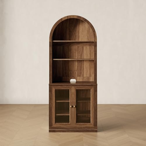 CHIC HOUSE Monos 77" Tall Arched Bookcase with Acrylic Doors, Storage Cabinet with Hutch, Fluted Display Accent Cabinet with Shelves, Modular Buffet Sideboard Coffee Bar for Living Room, Walnut Brown