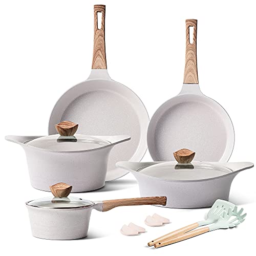 YIIFEEO 11 Pieces Cookware Set, Nonstick Pans and Pots Sets, Stone Non Stick Frying Pans and Saucepan Sets with Cooking Utensils,Induction Compatible (White)